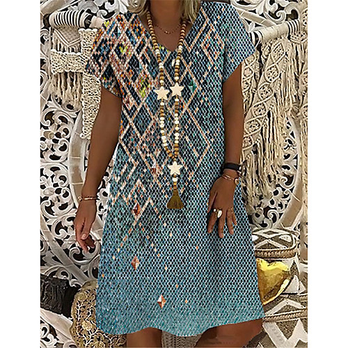

Women's T Shirt Dress Tee Dress Knee Length Dress Blue Short Sleeve Floral Geometric Print Summer V Neck Casual 2021 S M L XL XXL 3XL