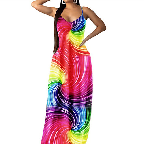 

Women's Strap Dress Maxi long Dress Stripe Five-pointed star Whirlpool Sleeveless Multi Color Stripes Stars Print Spring Summer Deep V Casual Sexy 2021 S M L XL XXL