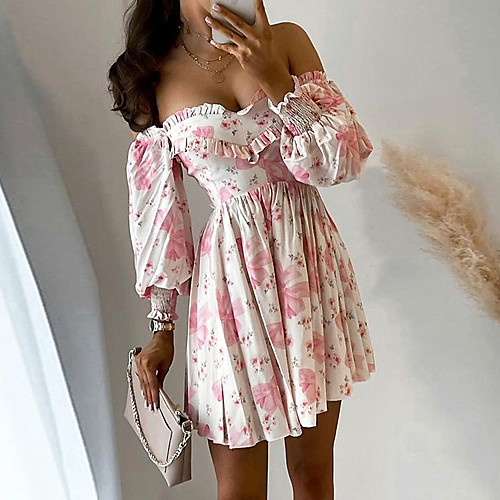 

Women's A Line Dress Short Mini Dress Blushing Pink Long Sleeve Print Summer Casual 2021 S M L XL XXL