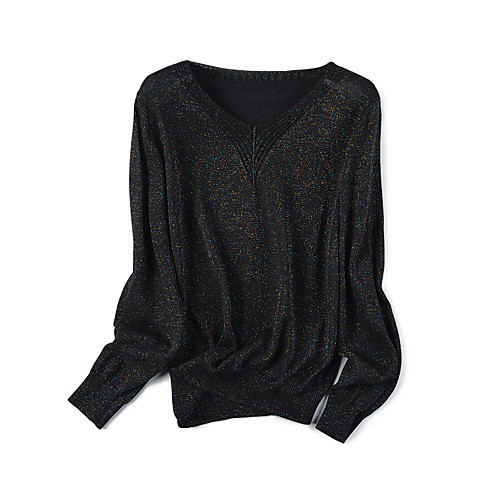 

Women's Solid Color Cardigan Long Sleeve Sweater Cardigans V Neck Navy Black-color silk Black-silver wire