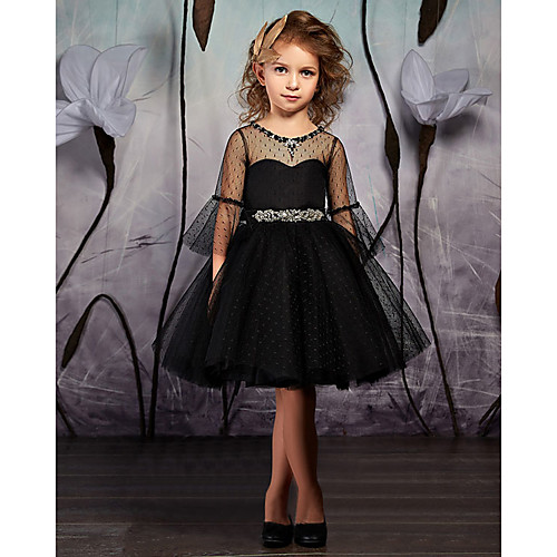 

A-Line Knee Length Flower Girl Dresses Wedding Satin Long Sleeve Jewel Neck with Sash / Ribbon
