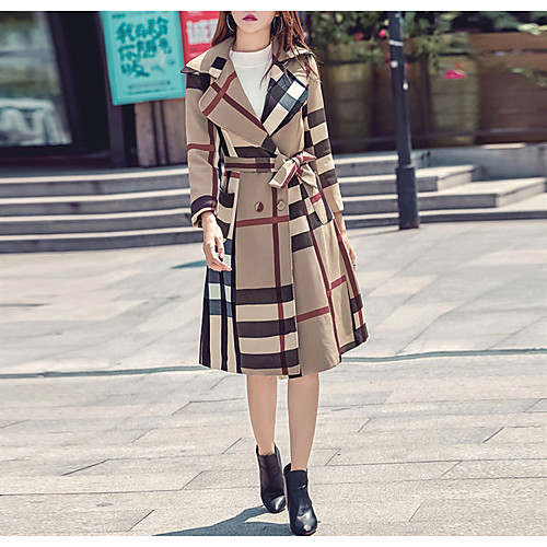 

Women's Coat Daily Wear Fall Spring Long Coat V Neck Regular Fit Casual Jacket Plaid / Check Pocket khaki Red