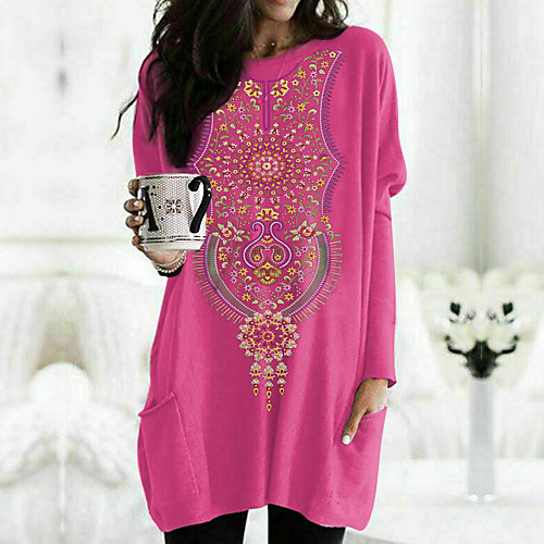 

Women's T shirt Graphic Tribal Long Sleeve Pocket Round Neck Tops 100% Cotton Basic Basic Top White Black Fuchsia