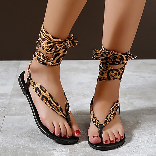 

Women's Sandals Flat Heel Round Toe Daily Beach Polyester Lace-up Leopard Leopard Light Red