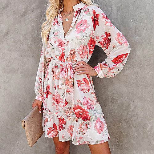 

Women's A Line Dress Short Mini Dress Blushing Pink Long Sleeve Floral Ruffle Print Summer V Neck Casual 2021 S M L XL XXL 3XL