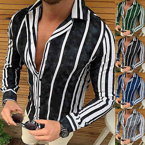 

Men's Shirt Striped Long Sleeve Casual Tops Retro Punk & Gothic Blue Gray Green