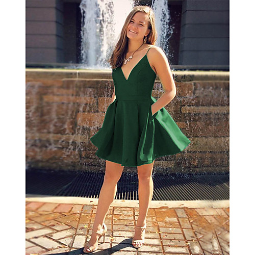 

A-Line Minimalist Sexy Engagement Cocktail Party Dress Spaghetti Strap Sleeveless Short / Mini Satin with Sleek 2021