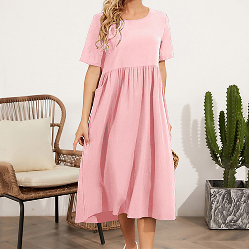 

Women's A Line Dress Midi Dress Blushing Pink White Dark Blue Half Sleeve Solid Color Ruched Spring Summer Round Neck Active 2021 S M L XL XXL XXXL