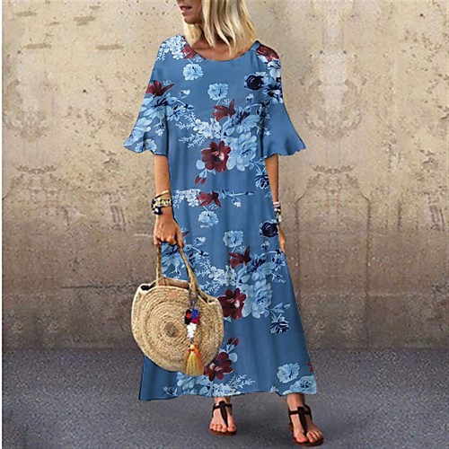 

Women's Loose Maxi long Dress Blue White Long Sleeve Flower Print Spring Summer Round Neck Casual 2021 L XL XXL XXXL 4XL 5XL