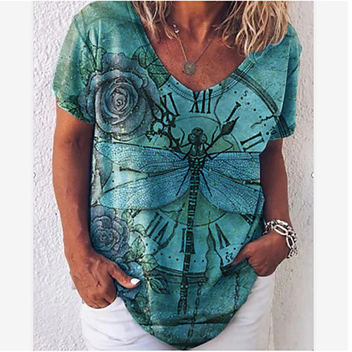 

Women's Floral Theme Painting T shirt Floral Graphic Animal Print V Neck Basic Tops Blue Green Red