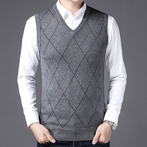 

Men's Unisex Stylish Vintage Style Knitted Braided Houndstooth Solid Color Geometric Pullover Vest Sweater Sleeveless Sweater Cardigans V Neck Fall Winter Wine Gray Light gray