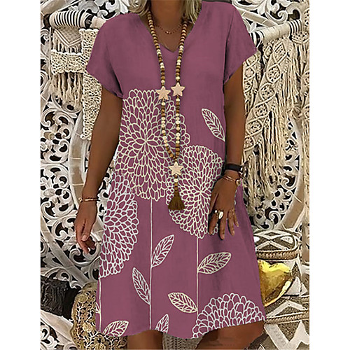 

Women's T Shirt Dress Tee Dress Knee Length Dress Fuchsia Short Sleeve Floral Print Print Summer V Neck Casual 2021 S M L XL XXL 3XL