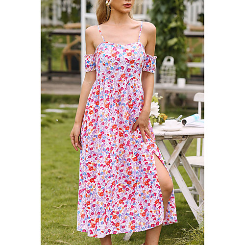 

Women's Strap Dress Midi Dress Yellow Blushing Pink Short Sleeve Floral Split Summer Square Neck Casual 2021 M L XL XXL 3XL