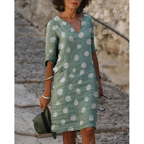 

Women's Shift Dress Knee Length Dress Gray Light Green Light Blue 3/4 Length Sleeve Polka Dot Spring Summer V Neck Casual 2021 S M L XL XXL 3XL 4XL 5XL / Plus Size / Plus Size