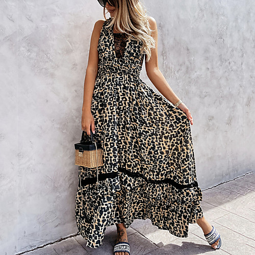 

Women's Strap Dress Maxi long Dress Black Sleeveless Print Hollow To Waist Print Summer V Neck Casual Sexy Boho 2021 S M L XL XXL