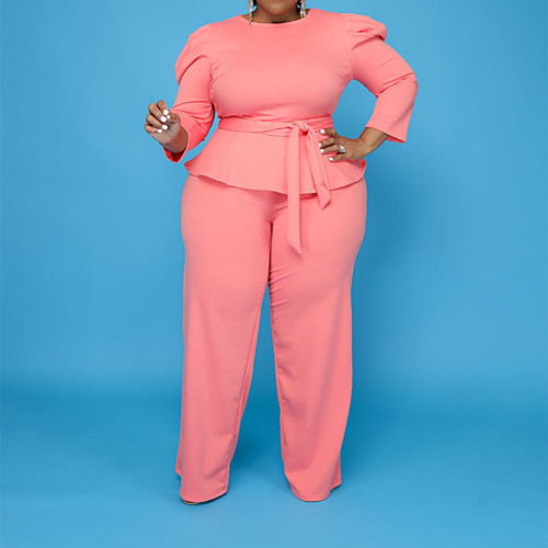 

Women's Plus Size Tops Set Solid Color Bowknot Long Sleeve Round Neck Basic Casual Spring Summer Blushing Pink White Black Big Size XL XXL 3XL 4XL 5XL