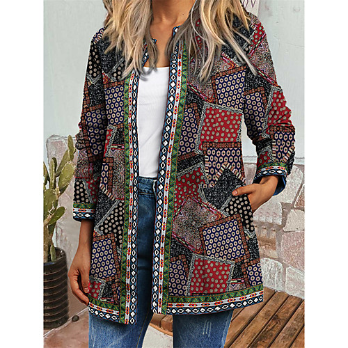

Women's Coat Daily Spring & Fall Winter Regular Coat Regular Fit Casual Jacket Long Sleeve Color Block Print Gray / Holiday