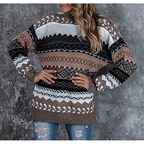 

Women's Ethnic Casual Multi Color Vintage Sweater Long Sleeve Sweater Cardigans Round Neck khaki Red Brown