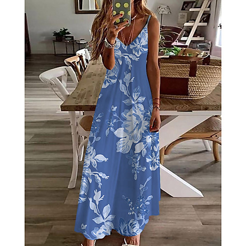 

Women's A Line Dress Maxi long Dress Blue Sleeveless Floral Print Summer V Neck Casual 2021 S M L XL XXL 3XL