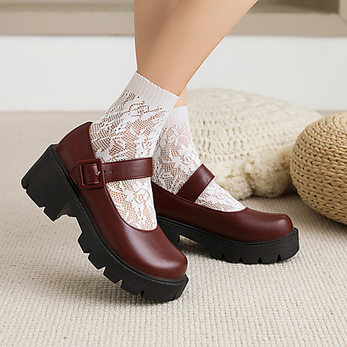 

Women's Lolita Shoes Pumps Round Toe PU Buckle Solid Colored Burgundy Black
