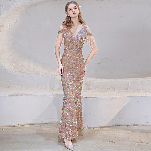 

Mermaid / Trumpet Sparkle Elegant Prom Formal Evening Dress V Neck Short Sleeve Floor Length Sequined with Beading Sequin 2021