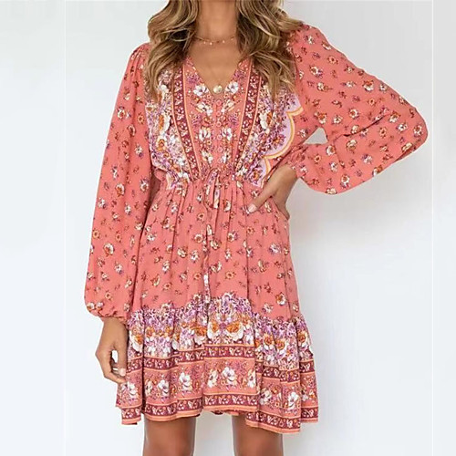 

Women's A Line Dress Short Mini Dress Purple Orange Red Brown Long Sleeve Floral Print Summer V Neck Casual 2021 S M L XL XXL
