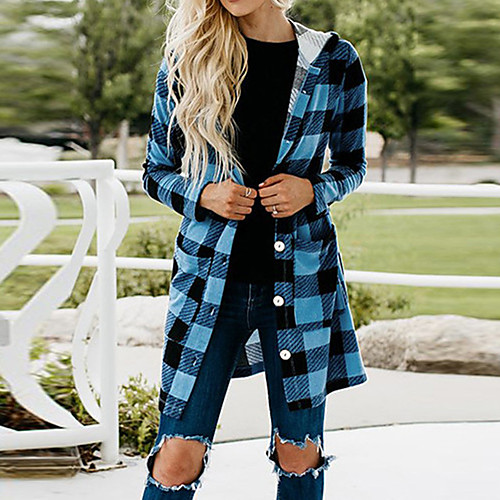 

Women's Coat Sport Fall Winter Long Coat Regular Fit Warm Sporty Casual Jacket Long Sleeve Plaid / Check Quilted Blue Fuchsia