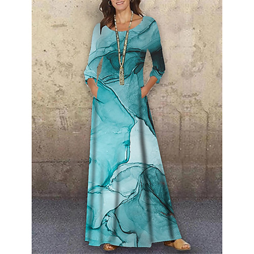 

Women's Shift Dress Maxi long Dress Light Blue 3/4 Length Sleeve Print Color Gradient Print Spring Summer Round Neck Casual Holiday 2021 S M L XL XXL 3XL