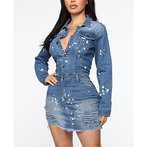 

Women's A Line Dress Short Mini Dress Light Blue Long Sleeve Solid Color Button Summer Shirt Collar Casual 2021 S M L XL XXL XXXL / Cotton / Cotton