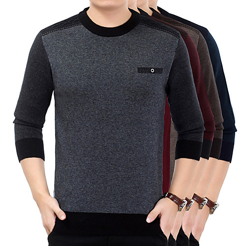 

Men's Stylish Vintage Style Knitted Color Block Pullover Sweater Long Sleeve Sweater Cardigans Crew Neck Fall Winter Wine Gray Navy Blue