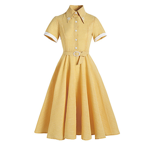 

Women's Swing Dress Midi Dress Light Blue Yellow Short Sleeve Check Vintage Style Button Spring Summer Collar Active Elegant 2021 S M L XL XXL