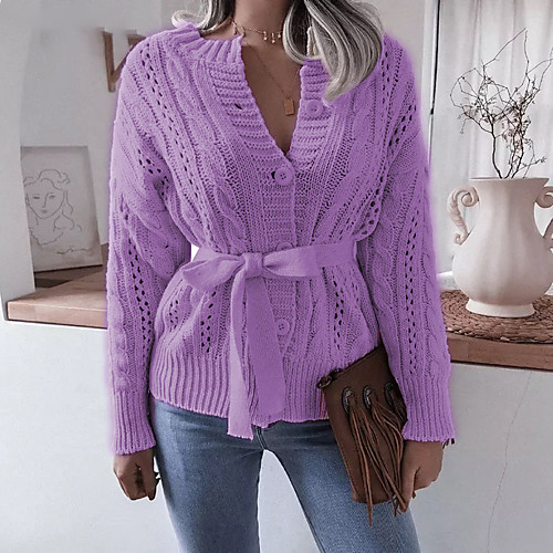 

Women's Casual Pure Color Solid Color Cardigan Sweater Co-ords Long Sleeve Sweater Cardigans V Neck Fall Spring Purple Yellow White