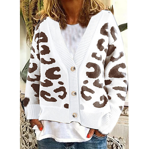 

Women's Leopard Print Cardigan Cotton Long Sleeve Sweater Cardigans V Neck White