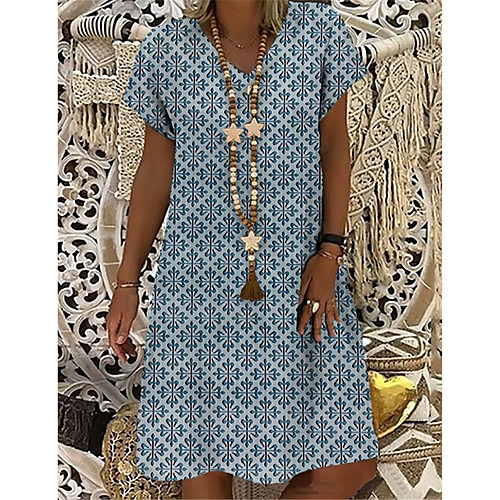 

Women's T Shirt Dress Tee Dress Knee Length Dress Blue Short Sleeve Floral Print Print Spring Summer V Neck Casual Holiday 2021 S M L XL XXL 3XL