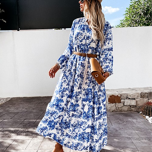 

Women's A Line Dress Maxi long Dress Dark Blue Long Sleeve Floral Print Fall V Neck Casual 2021 S M L XL XXL / Cotton