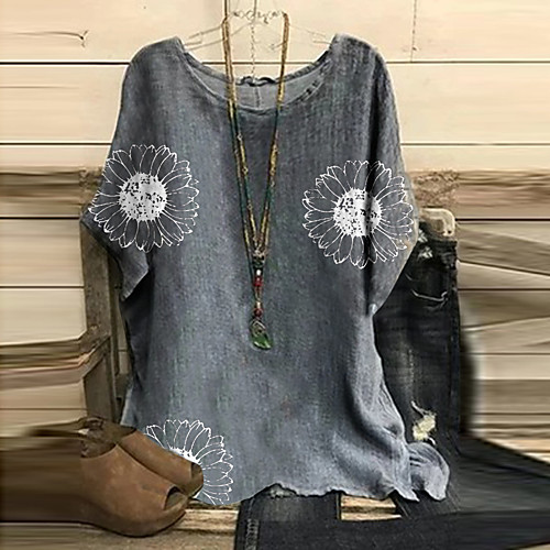 

Women's Blouse Sunflower Patchwork Print Round Neck Tops Gray