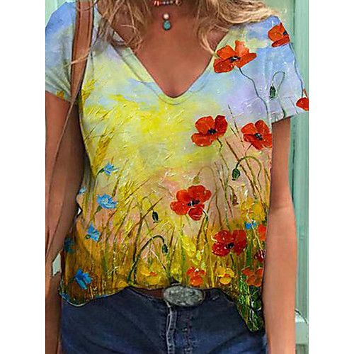 

Women's Floral Theme Abstract Painting T shirt Floral Graphic 3D Print V Neck Basic Tops Purple Yellow Blushing Pink