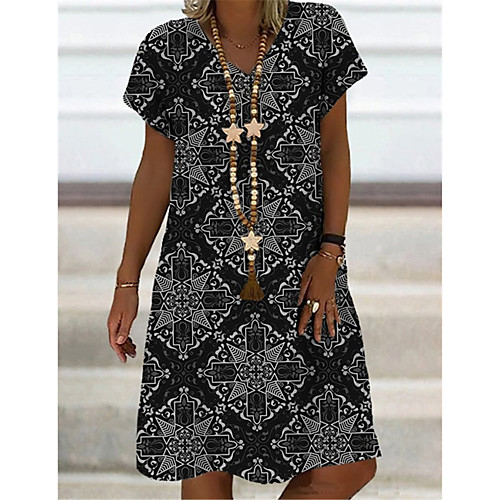 

Women's T Shirt Dress Tee Dress Knee Length Dress Black Short Sleeve Floral Geometric Print Spring Summer V Neck Casual Holiday 2021 S M L XL XXL 3XL