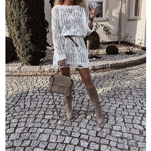 

Women's Shift Dress Short Mini Dress Sky Blue White Rose Red Long Sleeve Solid Color Hole Spring Summer Round Neck Sexy 2021 S M L XL