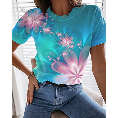 

Women's Floral Theme Abstract Painting T shirt Floral Graphic Print Round Neck Basic Tops Blue Green