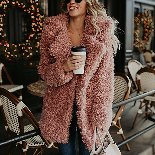 

Women's Faux Fur Coat Daily Fall & Winter Long Coat Regular Fit Basic Jacket Long Sleeve Solid Colored Blushing Pink Black