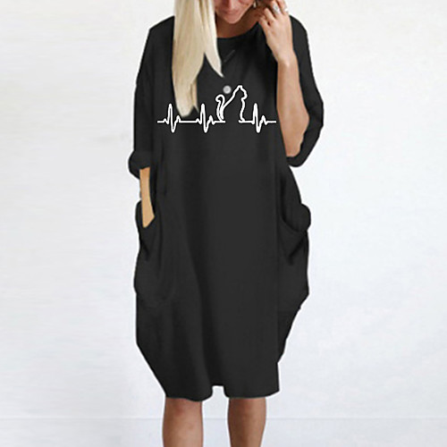 

Women's T Shirt Dress Tee Dress Knee Length Dress Blue Yellow Fuchsia Gray Green White Black Long Sleeve Print Cat Spring Summer Round Neck Casual Oversized 2021 S M L XL XXL 3XL 4XL 5XL