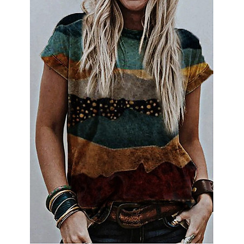 

Women's Abstract Butterfly Painting T shirt Graphic Butterfly Color Block Print Round Neck Basic Tops Yellow Brown