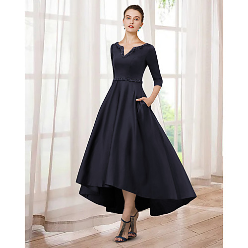 

A-Line Mother of the Bride Dress Elegant V Neck Asymmetrical Tea Length Satin Half Sleeve with Beading 2021
