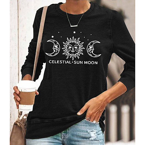 

Women's Painting T shirt Galaxy Text Long Sleeve Print Round Neck Basic Tops Cotton Blue Yellow Gray