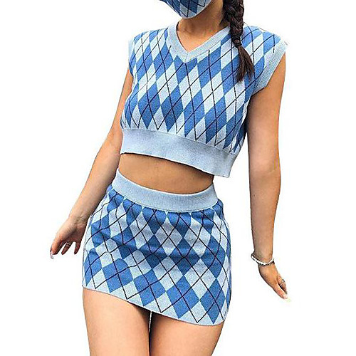 

Women's Plaid / Check Sweater Co-ords Sleeveless Sweater Cardigans V Neck Blue