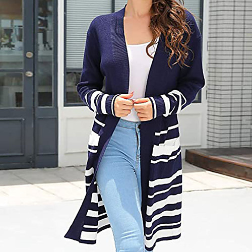 

Women's Casual Solid Color Color Block Cardigan Sweater Cotton Long Sleeve Sweater Cardigans Open Front Fall Winter Blue Gray / Holiday