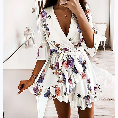 

Women's Wrap Dress Short Mini Dress White 3/4 Length Sleeve Flower Ruffle Spring Summer V Neck Casual 2021 S M L XL XXL