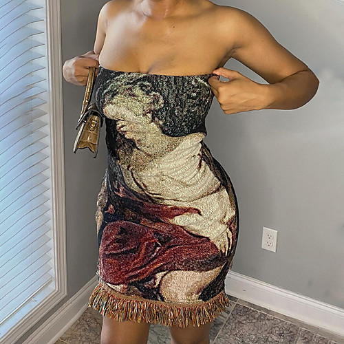 

Women's Sheath Dress Short Mini Dress Brown Sleeveless Abstract Print Summer Strapless Casual Sexy 2021 S M L / Cotton