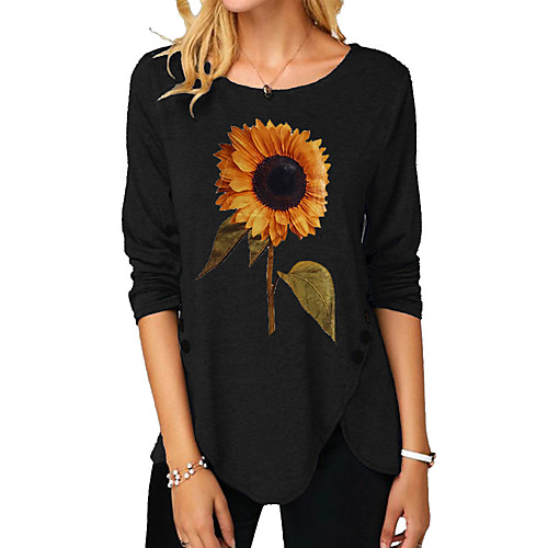 

Women's Floral Theme Painting T shirt Floral Sunflower Long Sleeve Button Print Round Neck Basic Tops Purple Gray Khaki